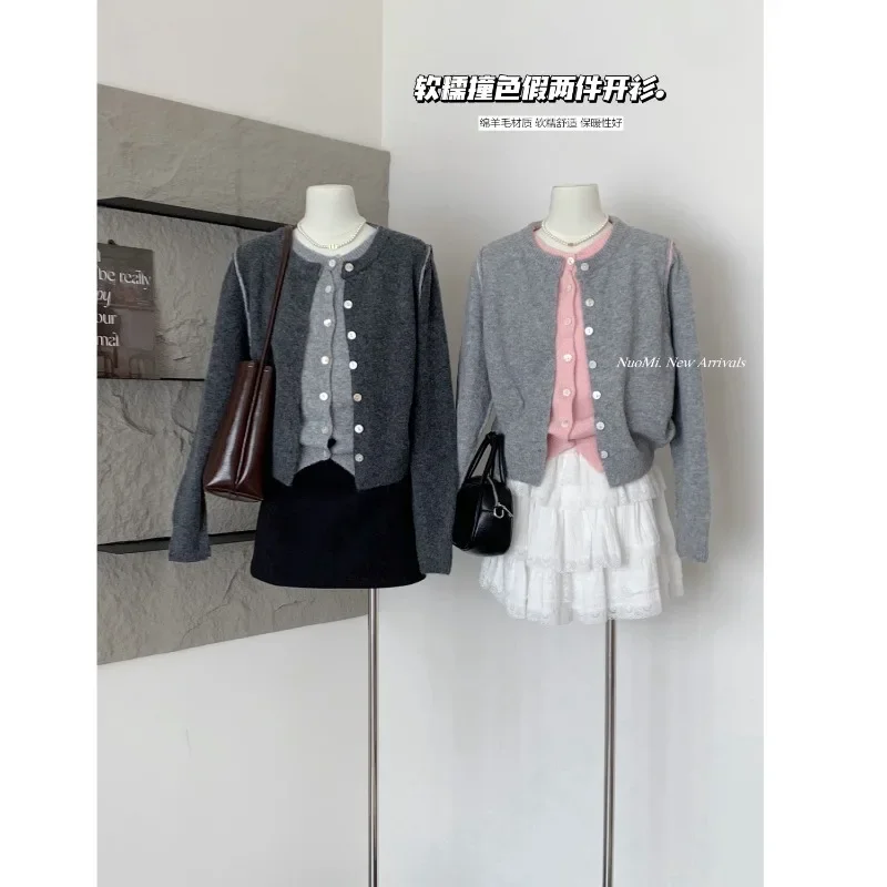 

2024 Autumn New Women Tops Knitted Cardigans Fake 2 Piece Splicing O Neck Long Sleeve Single Breasted All Match Female Cardigan