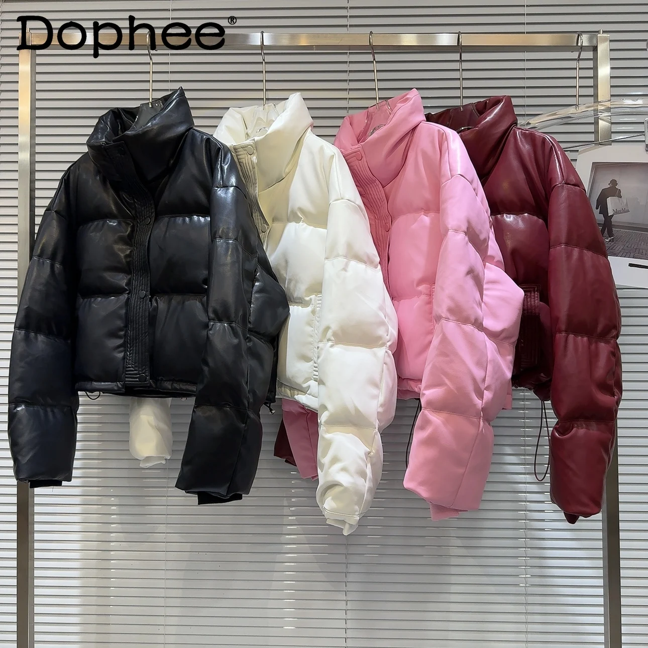 

Hot Girl Style PU Leather Surface Drawstring Warm Down Jacket Coat Women 2023 Winter New Stand Collar Short Solid Color Top