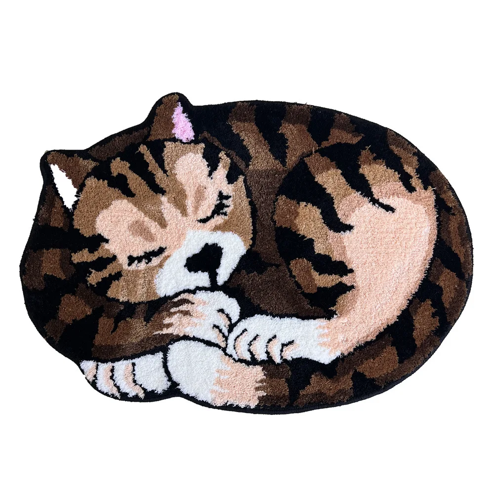 Cute Brown Cat Carpet Non-slip Bottom Unique Shape Cartoon Living Room Bedroom Bedside Blanket Door Mat Pet Home Decoration Rug