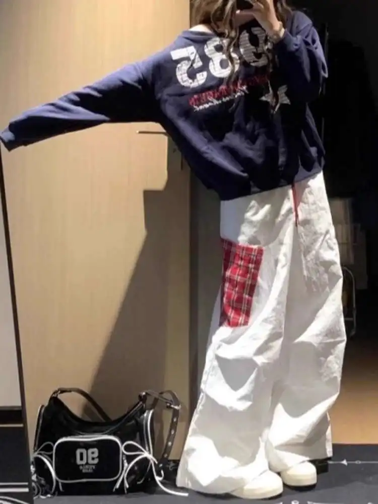 

plus Size Women's Vintage Plaid Patchwork Work Pants Loose Wide Leg Casual Trousers Autumn Design High Waist Elastic Waist