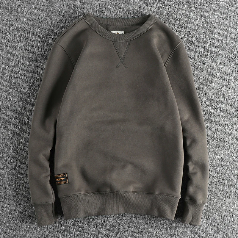 Heavy wool thickened basic solid color wash vintage round neck hoodie men\'s autumn and winter comfort warm top