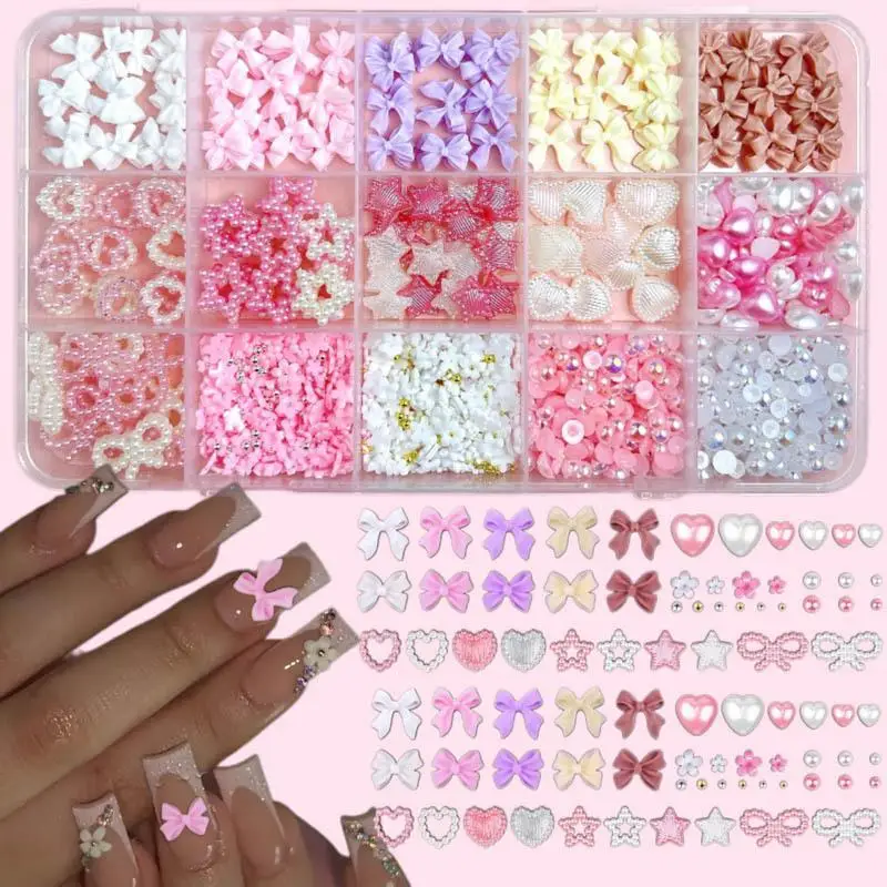 

1Box Hollowed-out Pentagram Heart Nail Charms Solid Color Ribbon Bows Resin Nail Art Decorations for DIY Nails Designs Sets