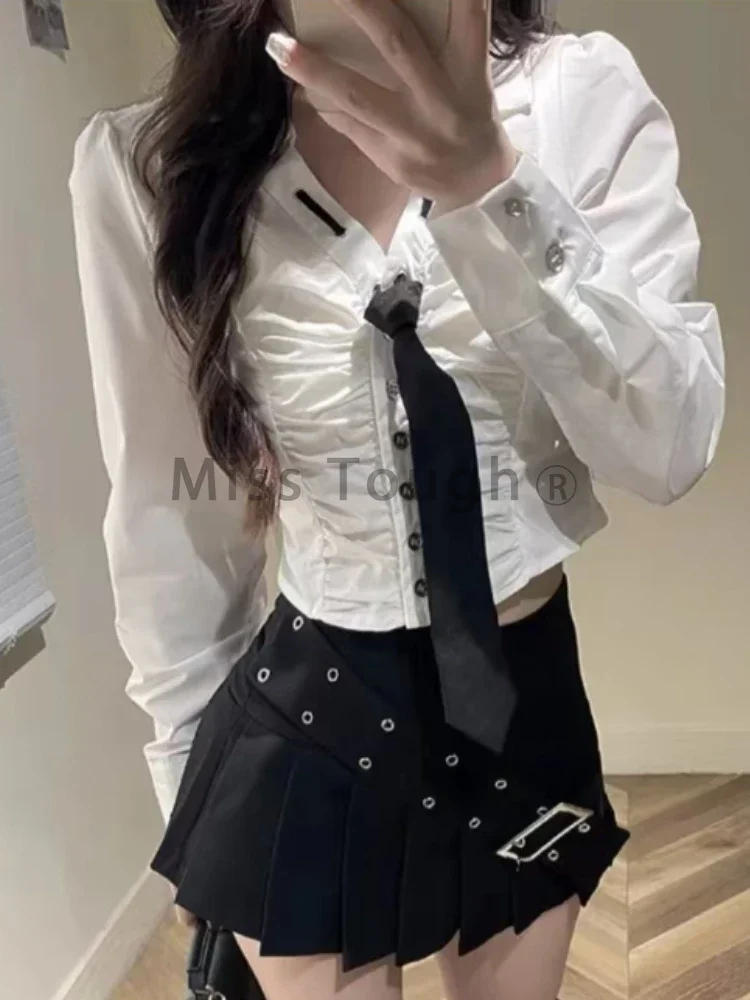 Autumn Hot Chick Thin 2 Piece Set Women Chic Design Solid Tie Shirt+High Waist Mini Skirt Female Korean Fashion Slim Suit New