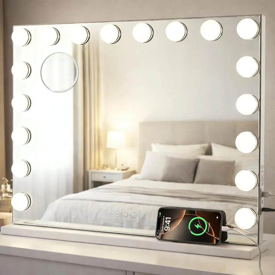 Large Vanity Mirror with Lights, 26x20.9 Hollywood Mirror with 10X Magnification, 18 Dimmable LED Bulbs 3 Color Lighting Modes