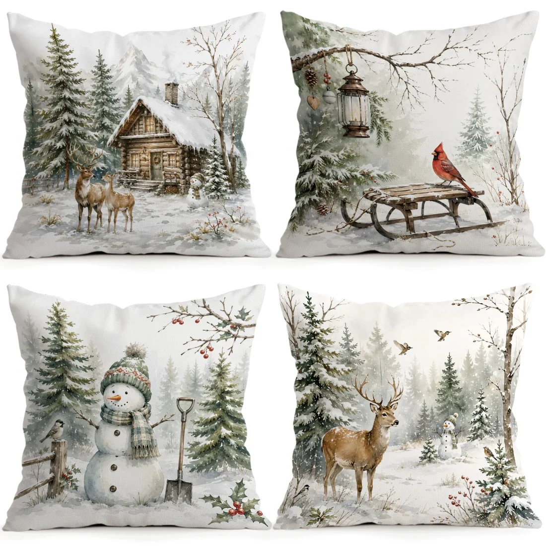 1/4pcs Winter Snow Scenery Animals Cushions Pillowcase Polyester Cushion Cover Throw Pillow Pillowcover Home Car Sofa Decor