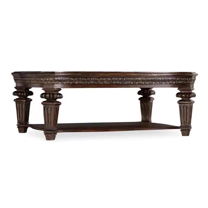 

Solid wood retro coffee table, French villa luxury carved rectangular coffee table