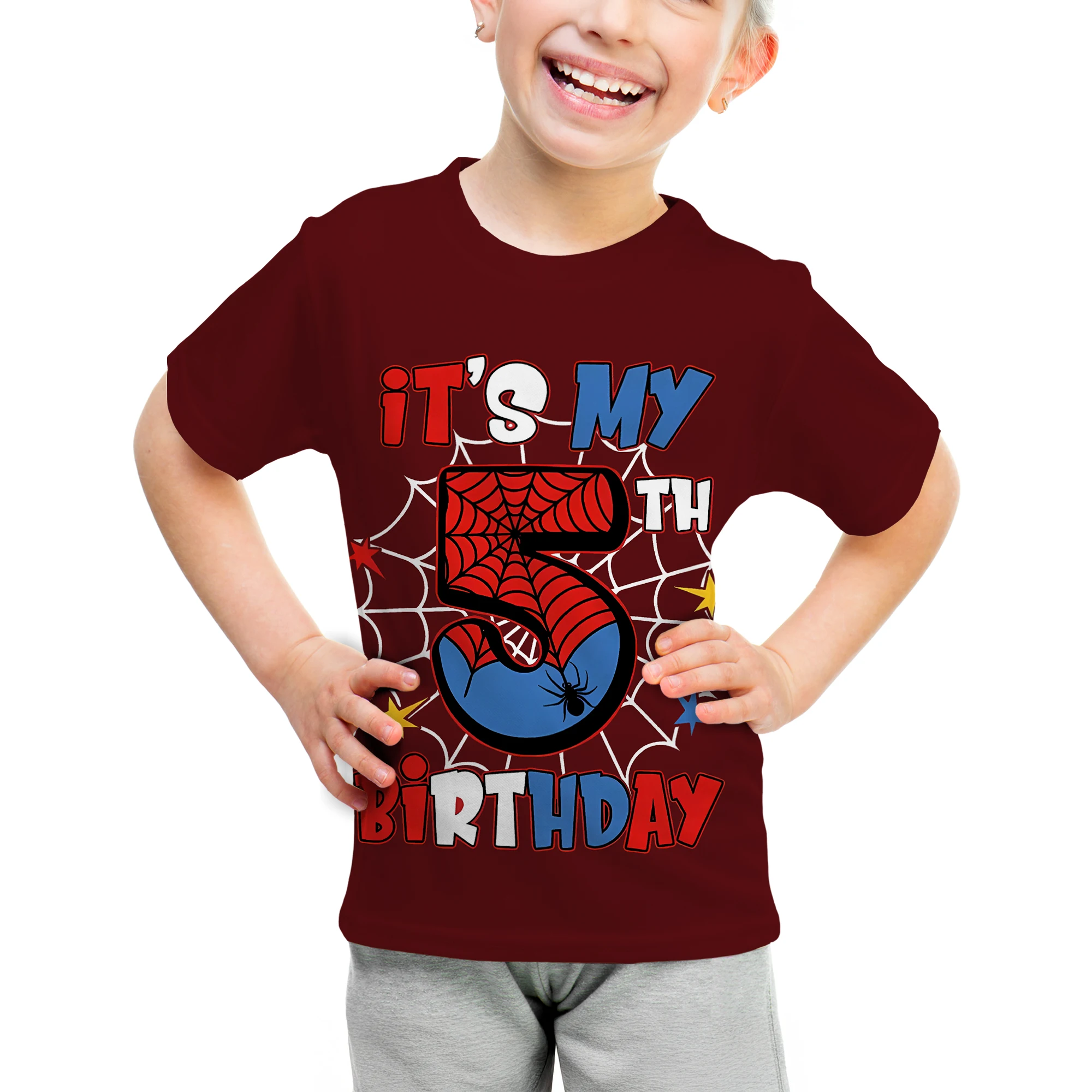 Kids 5th Birthday Girls & Boys T-Shirt Spider Web Graphic Clothes, Birthday Party Top Casual Wear, Gift for Young Hero Lovers