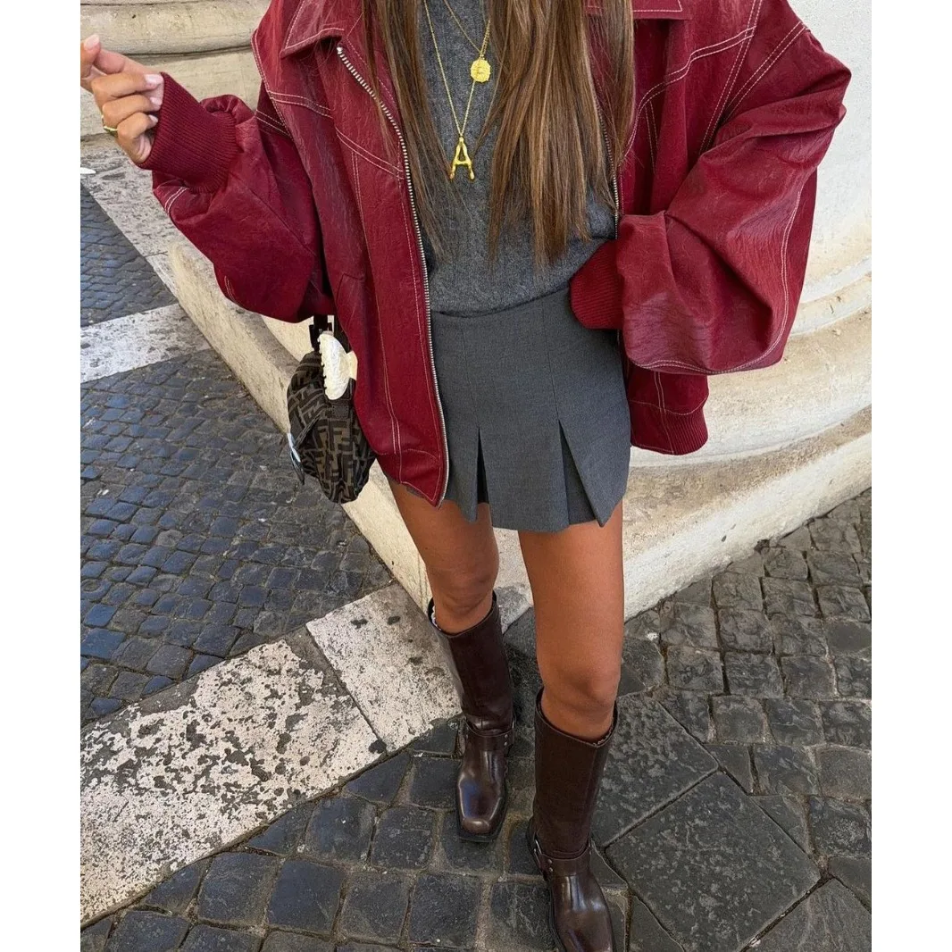 Trendy Vintage Leather Jackets Patchwork Autumn Winter Women Coat  Oversized Loose Jackets Streetwear Zippers Long Sleeve Tops