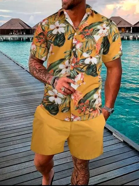 Summer Tropical Plants 3D Print Men Shirt Sets Fashion Short Sleeve Shirt Oversized Casual Beach Shorts Streetwear Suits Clothes