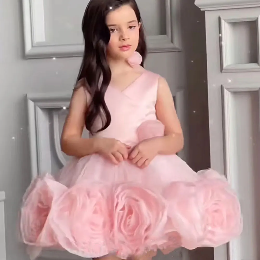 Jill Wish Elegant Arabric Pink Girl Dress V-Neck Handmade Flowers Kids Princess Birthday Wedding Party Children Gown 2024 J182