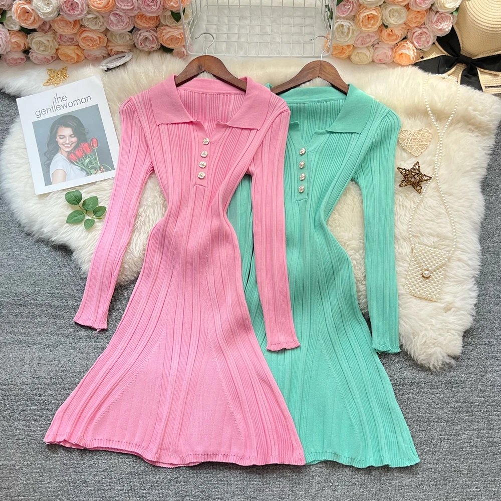 YuooMuoo Chic Mode A-linie Gestrickte Mini Kleid 2025, Herbst Vintage drehen-unten Kragen Schlanke Taille Party Kleid Streetwear vestidos