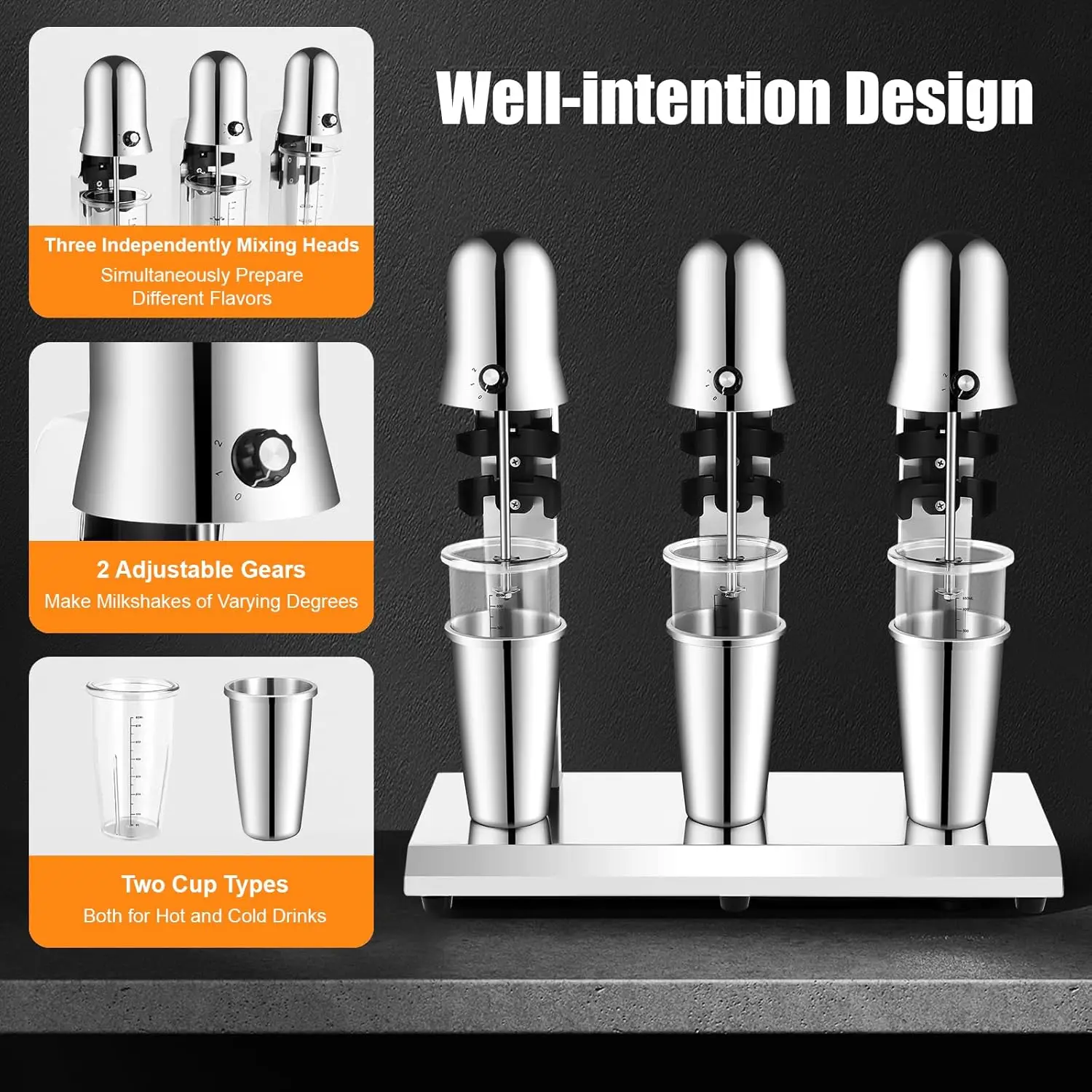 Milkshake Machine, 3-kops commerciële elektrische theedrankmix Milkshake Mixer Blenders met 6 kopjes, 18000 RPM roestvrij staal Melk S