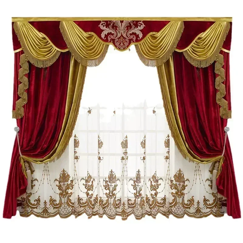 Rideaux finis assortis pour chambre à coucher, villa de luxe américaine, velours rouge, style palais européen haut de gamme, pare-soleil, document