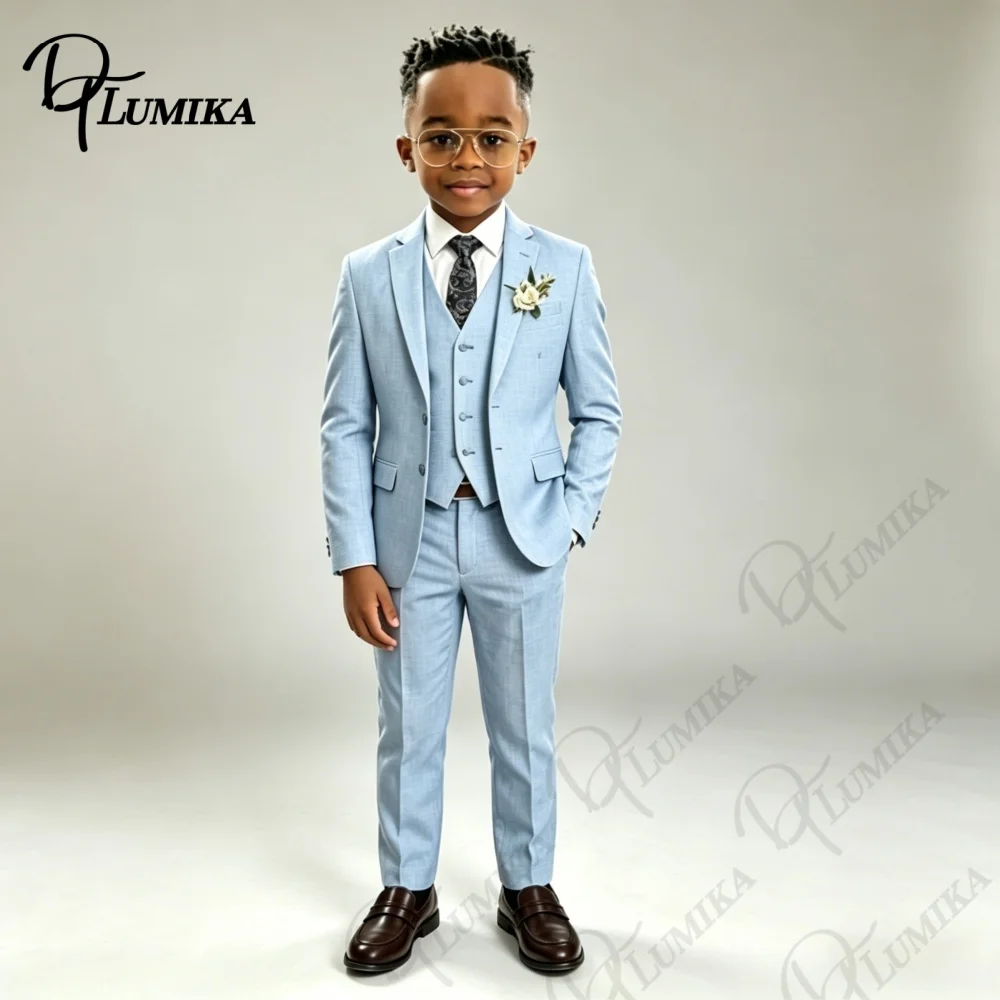 

Stylish Blue Linen Kids Wedding Suit Set Blue Floral Tie Comfortable 3 Piece Formal Outfit for Ring Bearer Pageant and Events