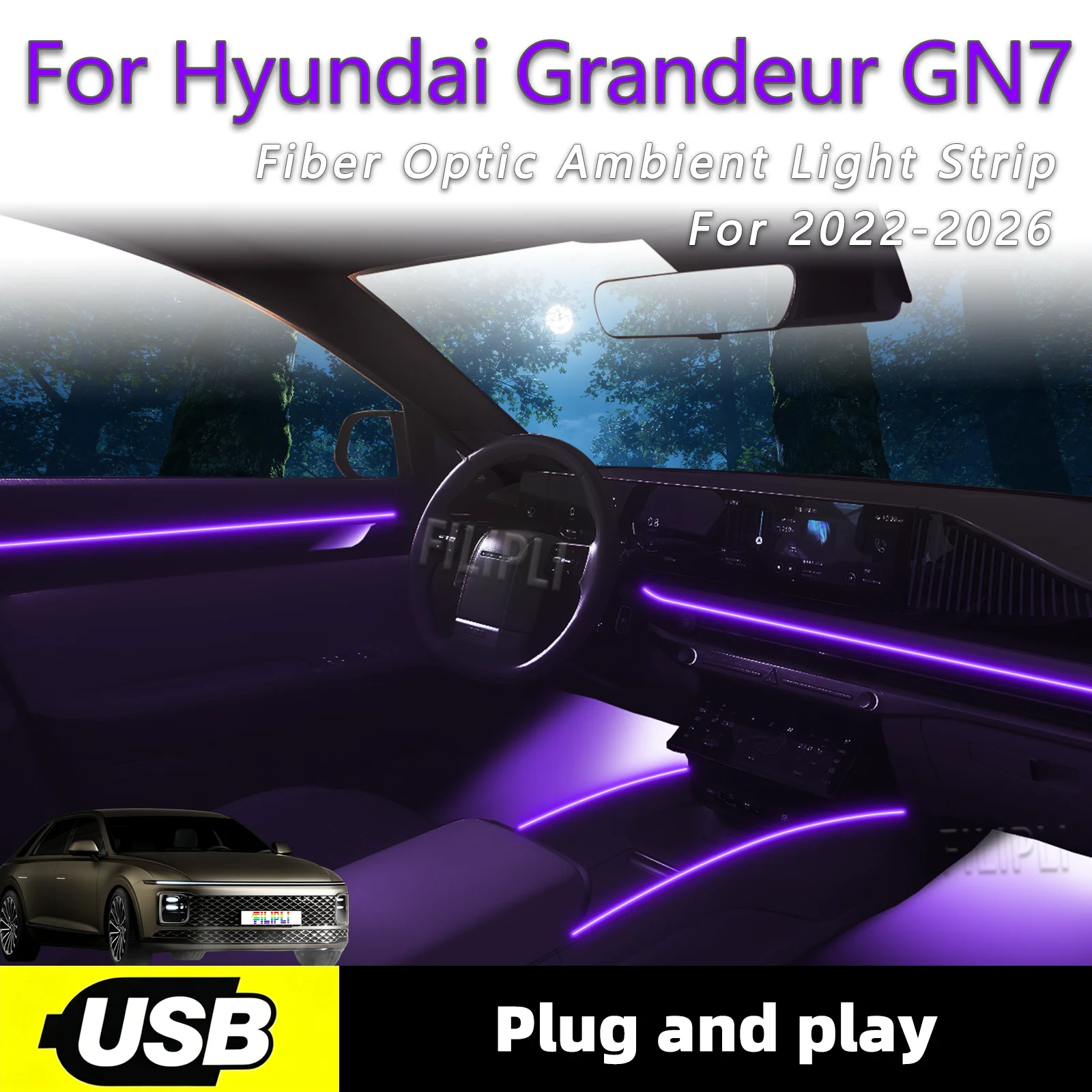Ambient Lighting For Hyundai Grandeur GN7 2022-2026 Year 6 in1 USB Interface Vehicle Interior Ambient Lighting Strip Fiber Optic