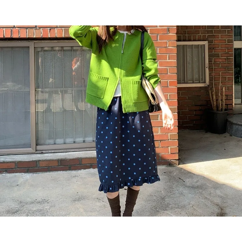 

Vintage Polka Dot Fungus Edge Straight Skirt Spring and Autumn Women's Medium and Long Loose Skirt