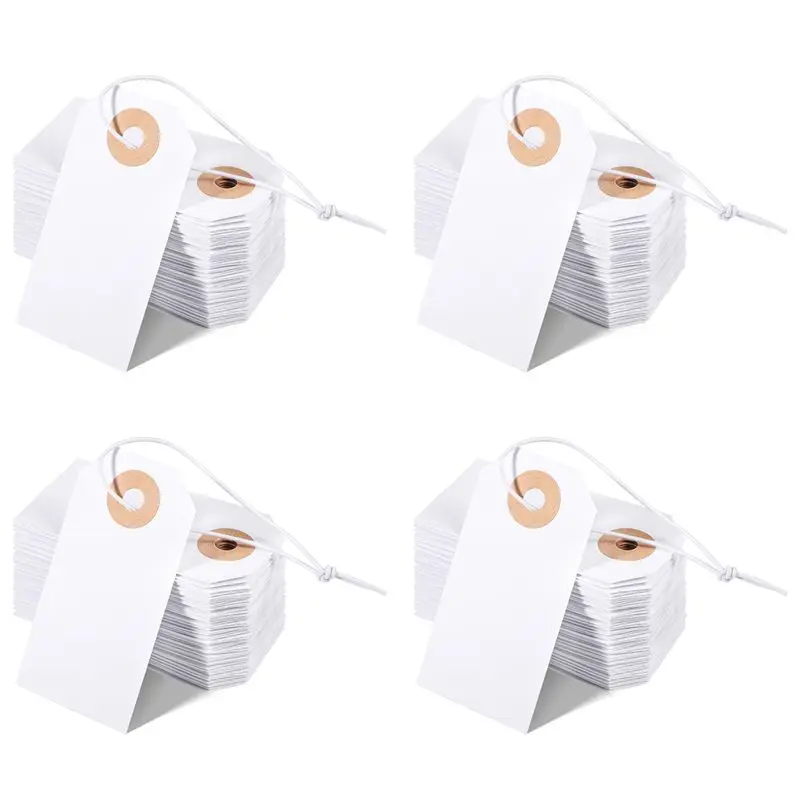QWE-400 Pack Blank Tags With Elastic String Marking Hang Tags Attached Reinforced Hole Writable Blank Tags 2.75X1.37Inch