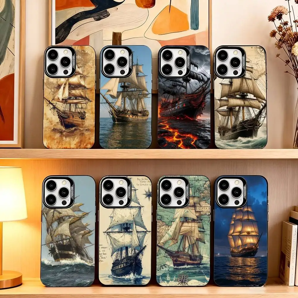 

Sailing Ship B-Boat Phone Case For iPhone 17,16,15,14,13,12,11 Plus,Pro Max,XS,Colorful Silver Black Cover
