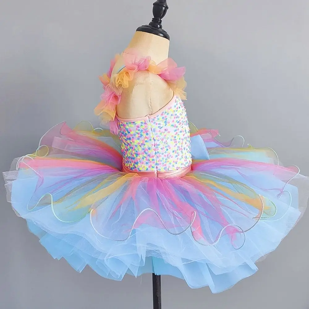 Fashion Sequin Kids Ballet Dress Rainbow Color Professional Performance Clothes Party Dress Puffy Dance Costumes Kids Girls