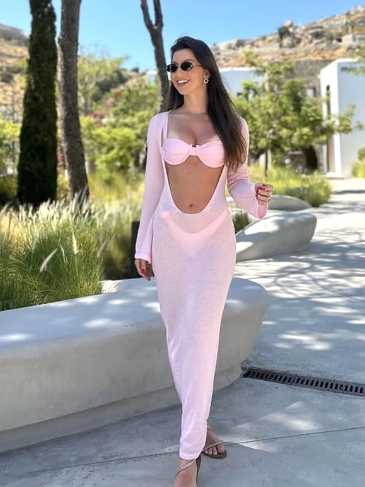 أزياء كاجوال بأكمام طويلة لتغطية الشاطئ، فستان شفاف محبوك لقضاء العطلات، طراز مناسب، ملابس لجميع المواسم