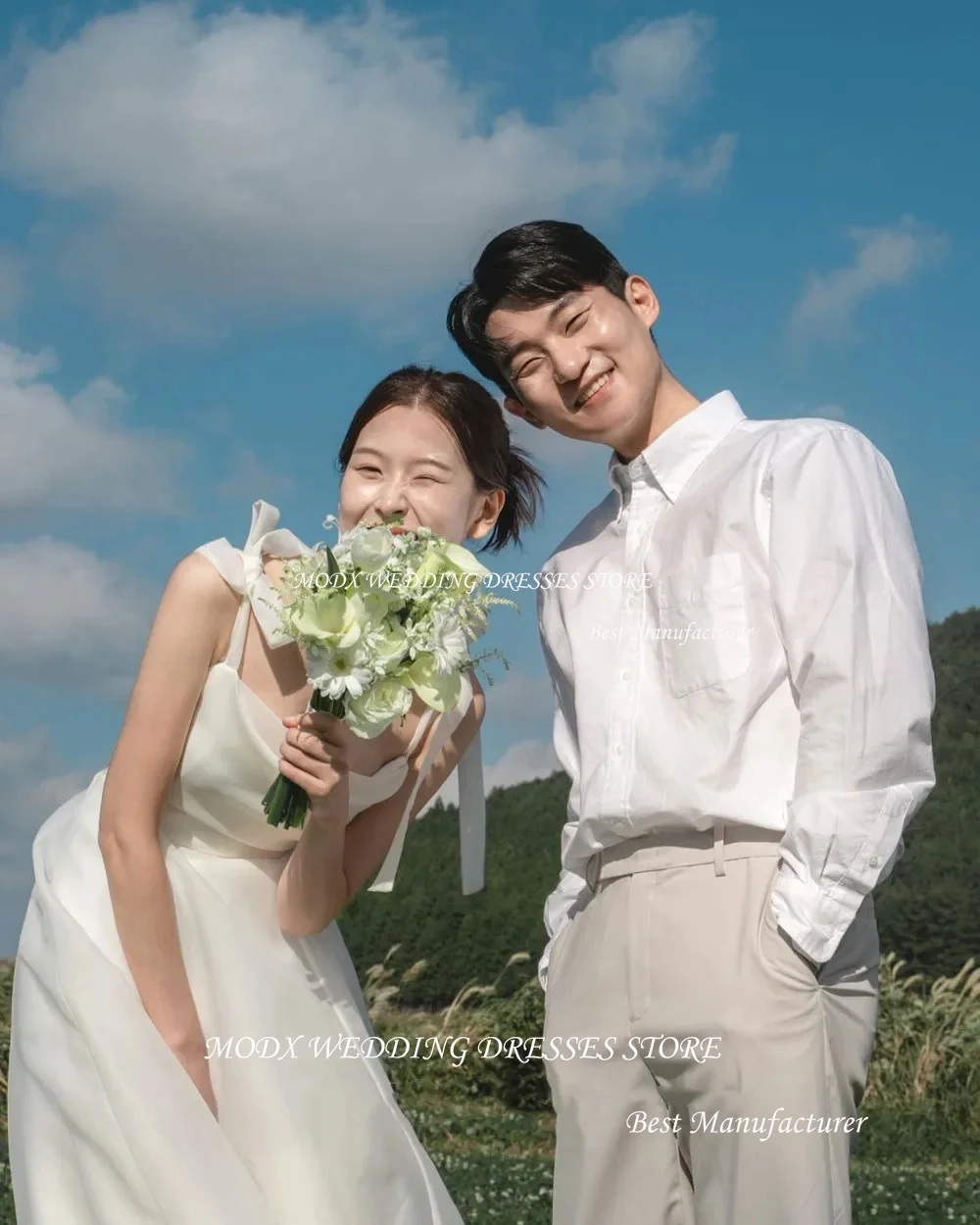 MODX lvory Elegant  Korea Wedding Dress Photoshoot Spaghetti Straps Sleeveless Organza A Line Back zipper Bridal Gown