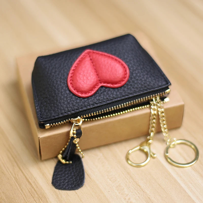 2022 Genuine Leather Heart Coin Purse Women Key Holder Ladies Cute Heart Patch Small Pouch Key Holder Leather Coin Wallet Purse