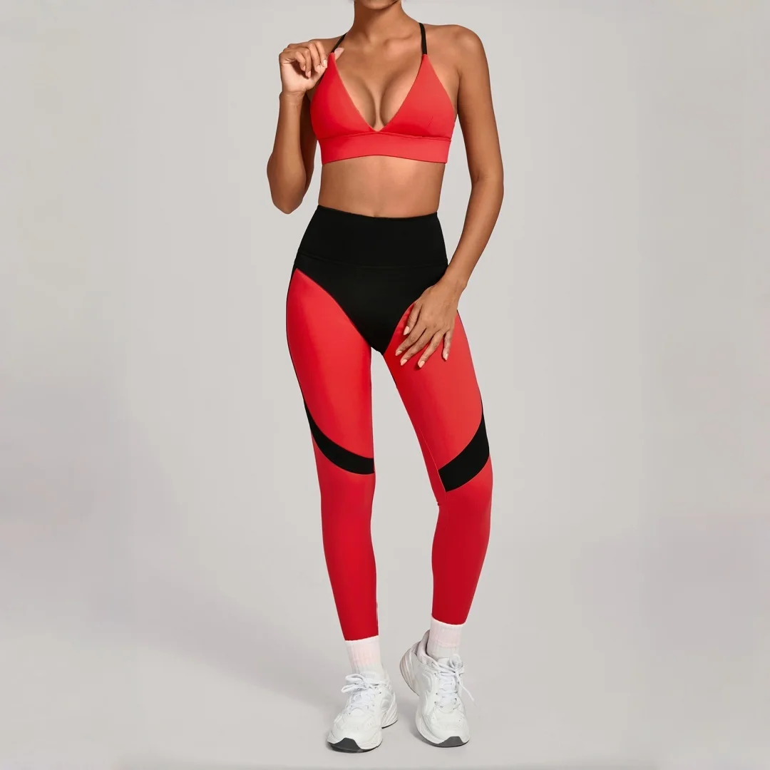 

High-Waist Peach Hip Yoga Set Tight Cross Spliced Color Sports 2pc Suit Running Fitness Workout Clothing Gym Women's Sportswear