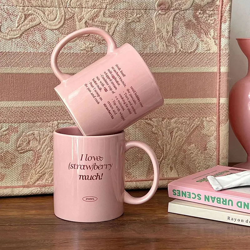 

Lovely, I Like Strawberries Very Much! Korean Ceramic Coffee Cup Pink Letter Breakfast Milk Cup Home Office Drink Cup Girl Gift