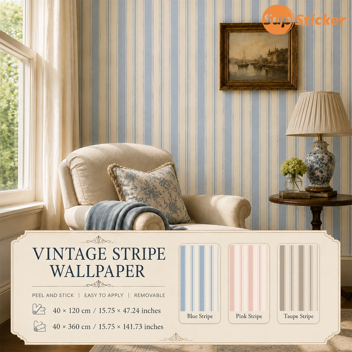 Vintage Striped Peel Stick Wallpaper Removable Self Adhesive Wall Covering 3 Colors 2 Sizes