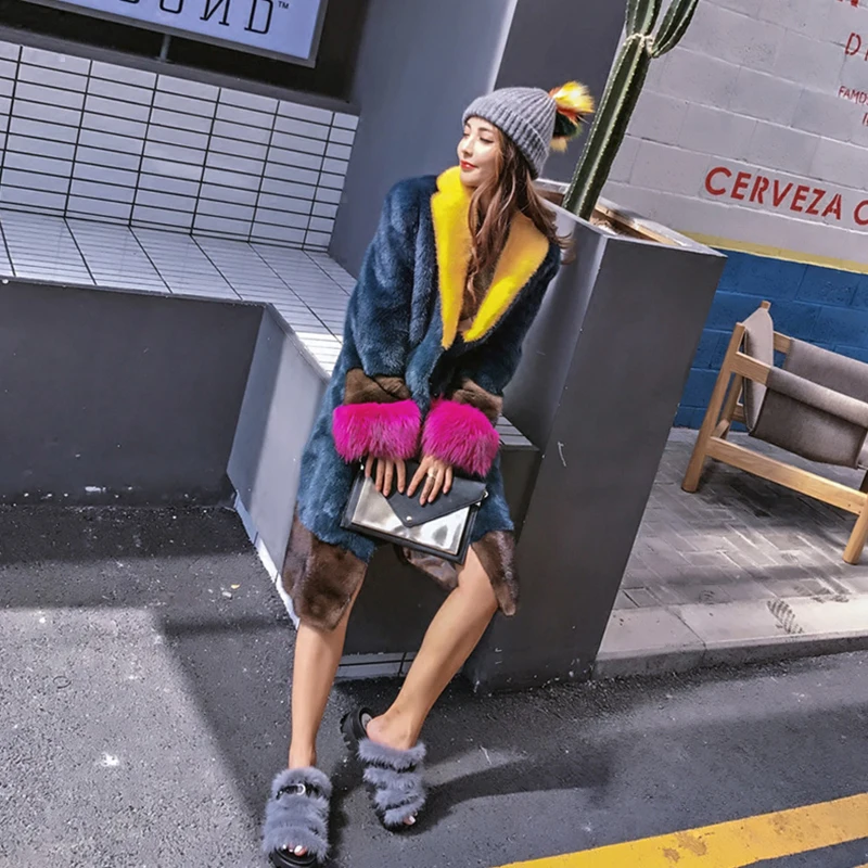 Futro z norek z importu zimowego Ftangaiur, aksamitne, kontrastowe, luźne płaszcze z norek damskie z naturalnym kołnierzem z prawdziwego futra norek