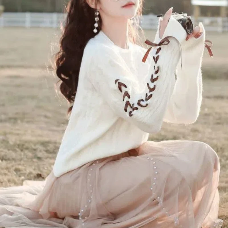 Autumn Winter New Fashion Round Neck Long Sleeve Solid Pullovers Women's Clothing Drawstring Sweaters Loose Knitting Chic Tops