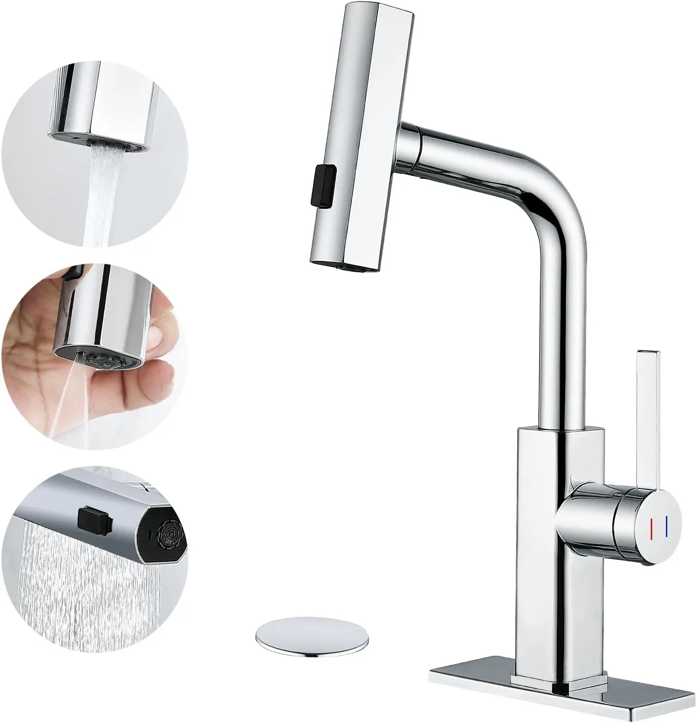 

Chrome Bathroom Faucets with Pull Out Sprayer,Single Handle Waterfall Bath Tall Vessel Sink Faucet with Pop Up Drain and