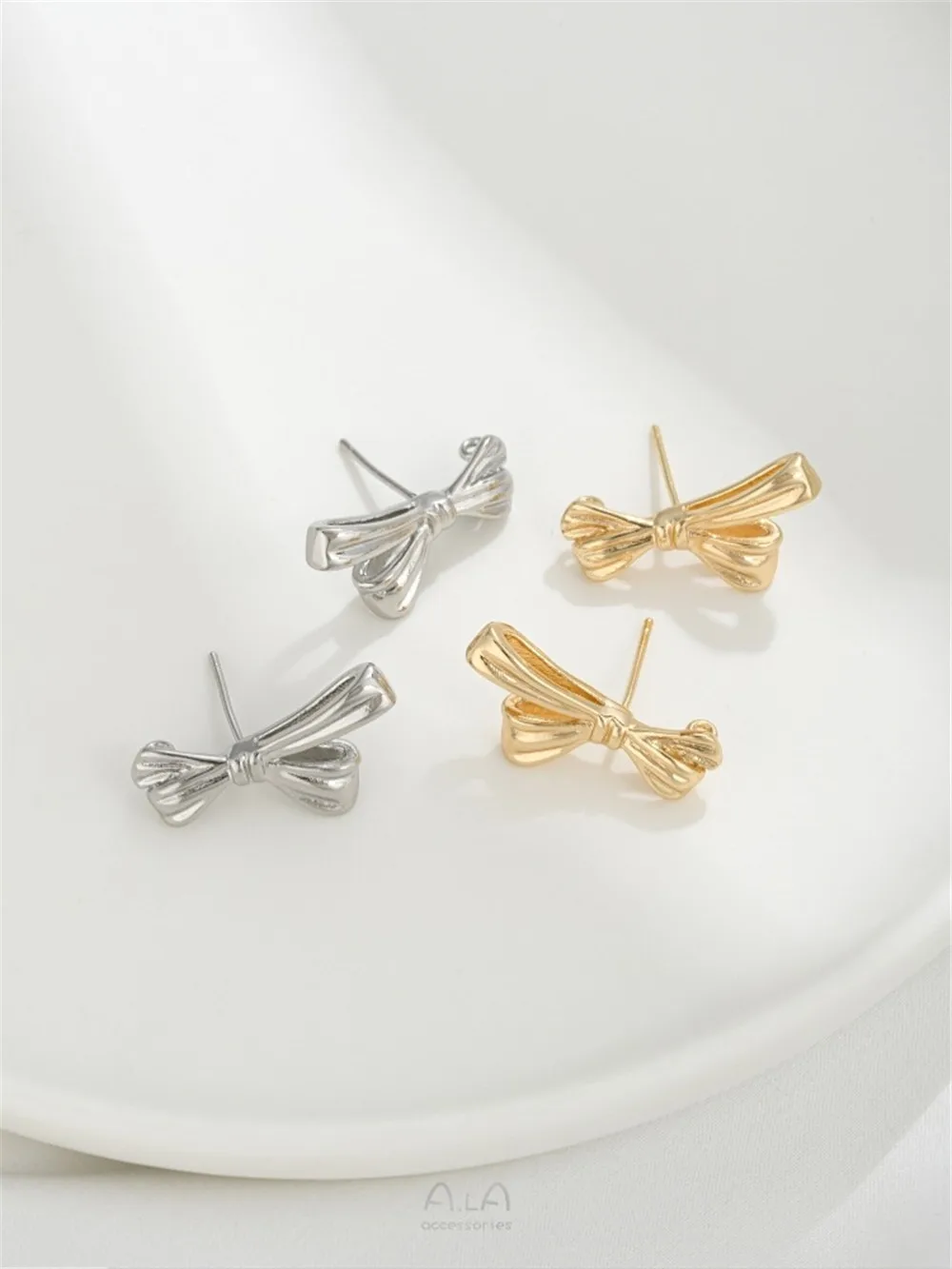 14K Gold Bow with Rings Earrings 925 Silver Needle Diy Hand-hung Pearl Ear Jewelry Accessories E366