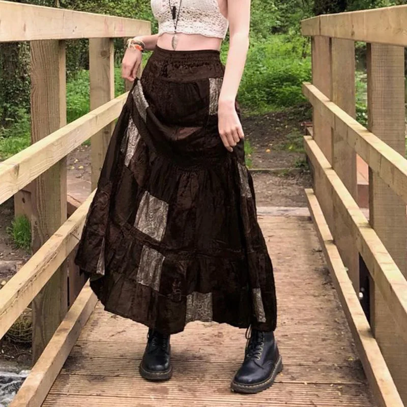 

2026 Spring Women's Vintage Midi Skirt Retro Totem Print Low Waist Color Block Loose Slimming Velvet Skirt