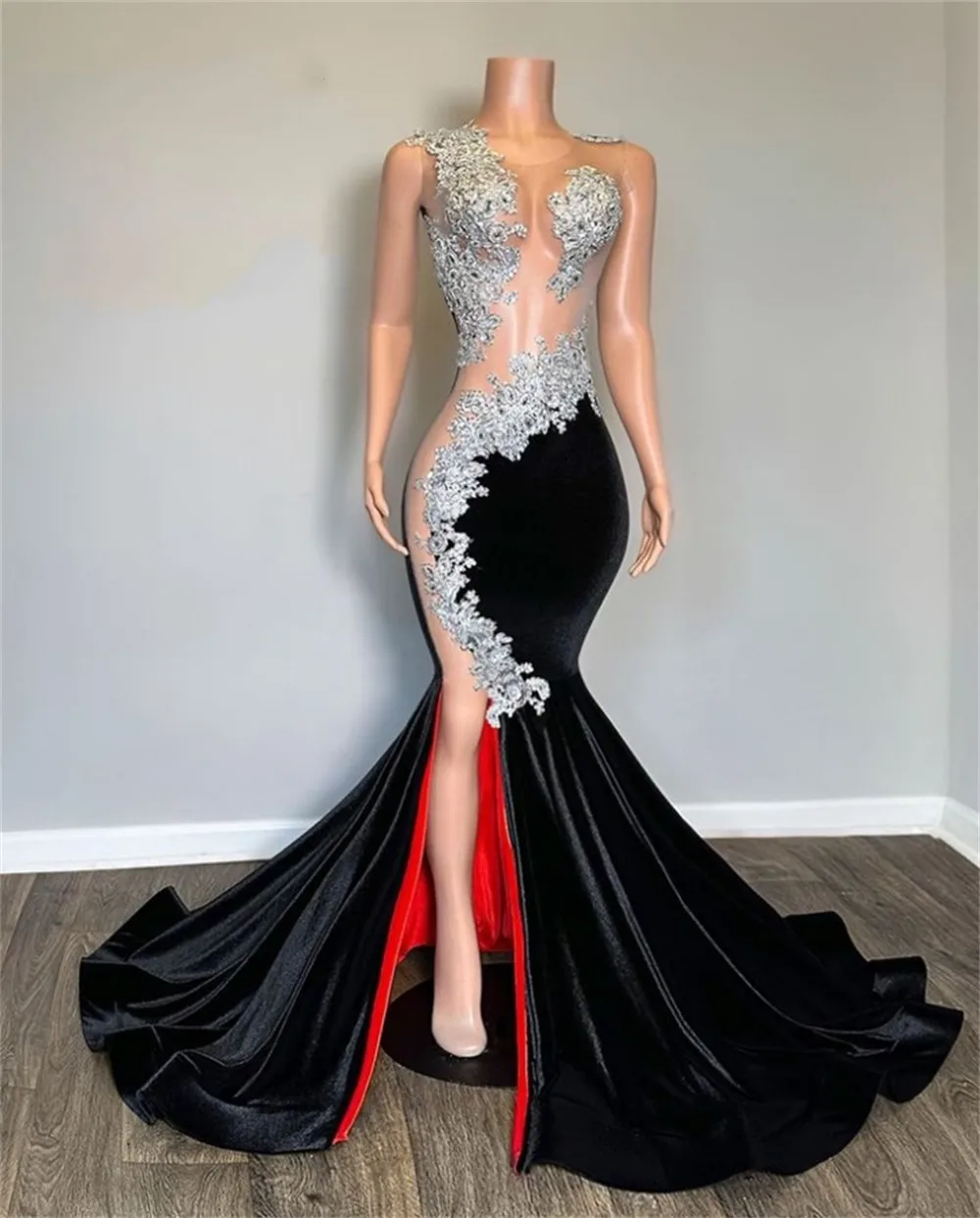 Red Linning Sliver Beaded Lace Appliques Black Velvet Slit Prom Dress Mermaid Ladies Dresses For Special Occasions Sexy Party