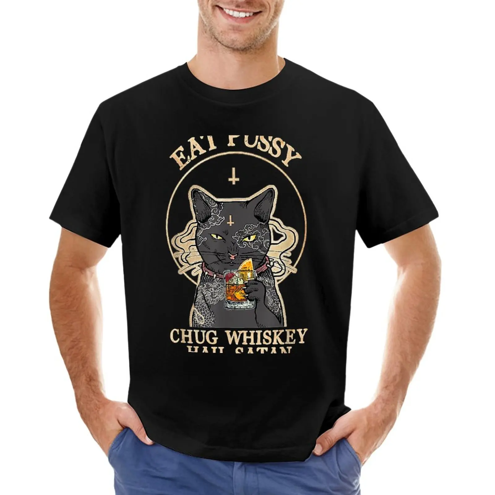 

Eat Pussy Chug Whiskey Hail Satan Black Cat Satan Tattoo T-Shirt sublime t shirt quick drying t-shirt men graphic t shirts