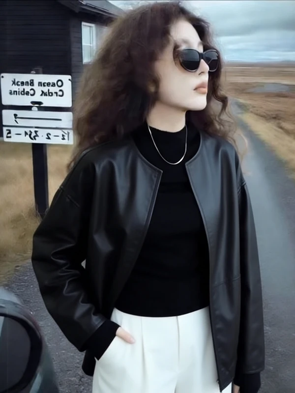 Giacca in Pelle Bla ort da Donna, Vestibilità Ampia, Taglie Forti, Primavera 2026, Cappotto Casual Snellente con Collo Tondo e Maniche Lunghe