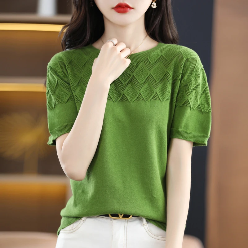 

Новая женская футболка из 100% хлопка с круглым вырезом, вязаная, с коротким рукавом, повседневная, базовая, с вырезами, лето 2026