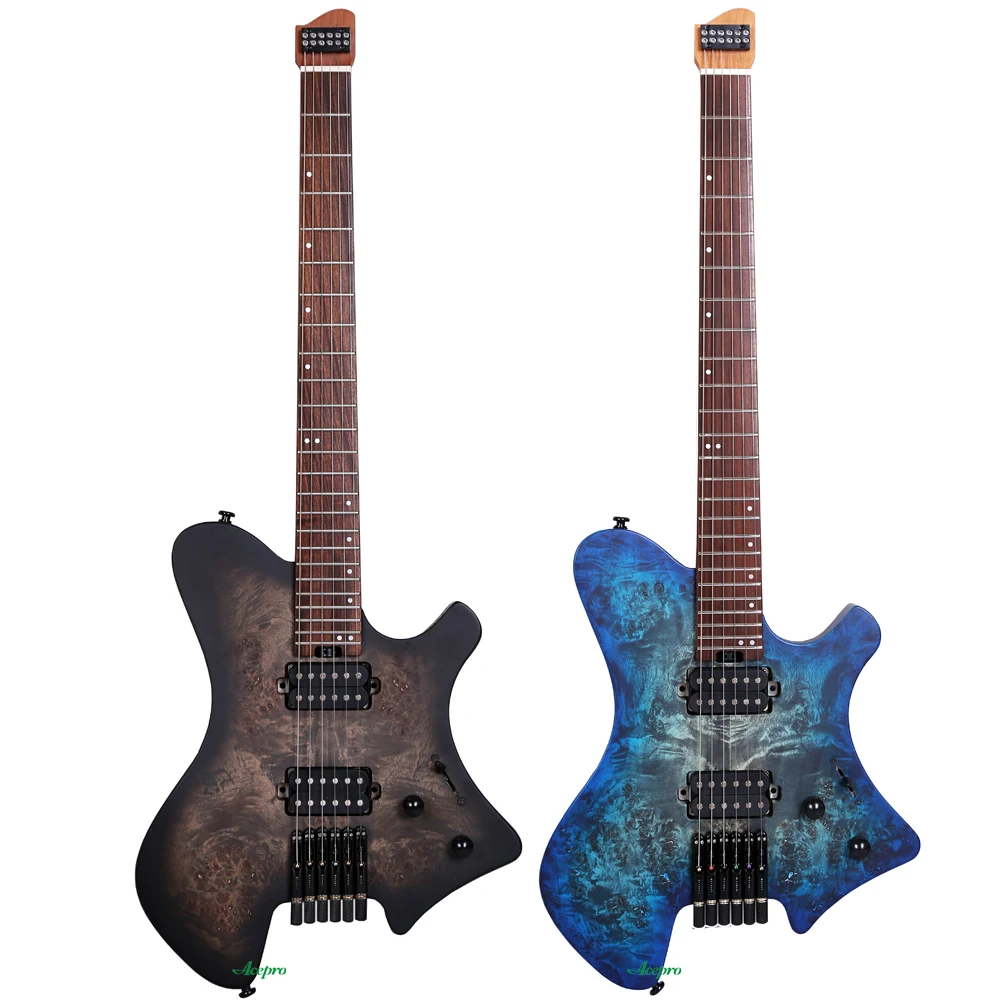 

Acepro Headless Electric Guitar Burl Maple Top Roasted Ash Body, Roasted Maple Neck, Jumbo Stainless Steel Frets