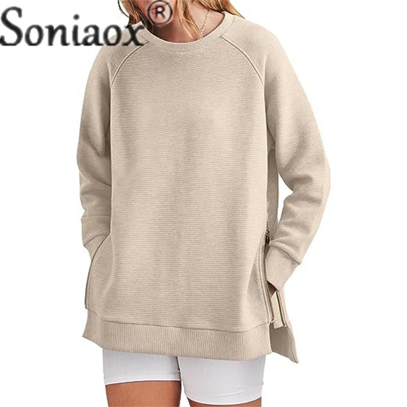 Moletom feminino com zíper lateral, bainha de emenda, pulôver espesso com gola redonda, moletom feminino casual solto manga longa, casaco feminino,