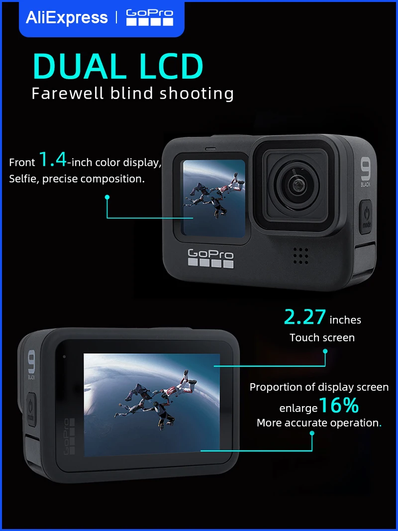 كاميرا GoPro HERO 9 Black Action 4K 5.2K فيديو 20 ميجابكسل مع شاشة أمامية ملونة خوذة حية Go Pro 9 كاميرا رياضية #4