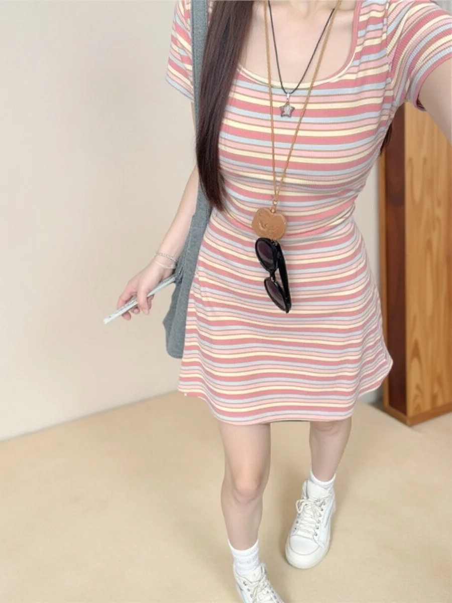 Été nouveau T-shirt mi-long Dr femmes ort-save coupe ajustée taille couchée rayé Faionable trajet Sle Dr