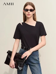 Amii Minimalism 2024 Women T-shirts Summer New Asymmetric Oblique V-neck Split Short-sleeved Slim Stretch Casual Tops 12422074