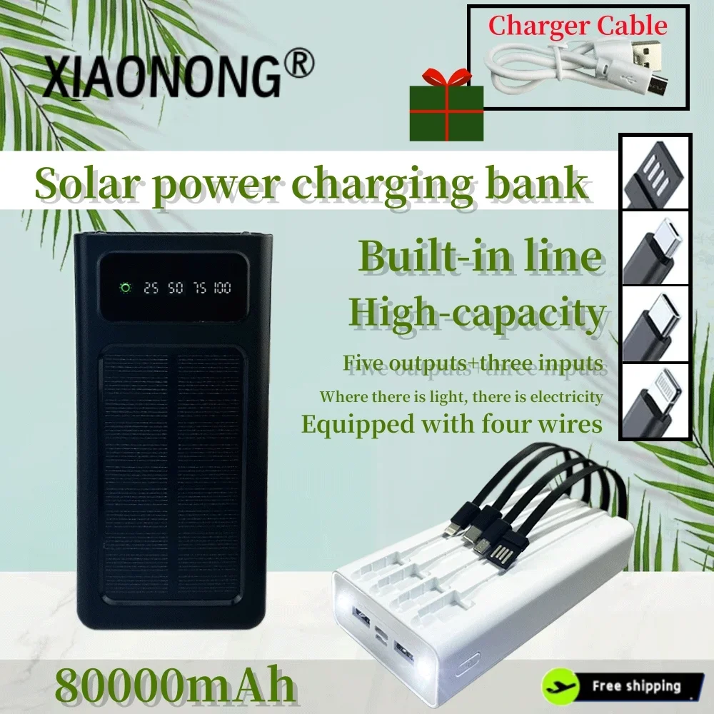 

80000mAh Solar Power Bank Built Cables Solar Charger 2 USB Ports External Charger Powerbank With LED Light For Xiaomi iphone