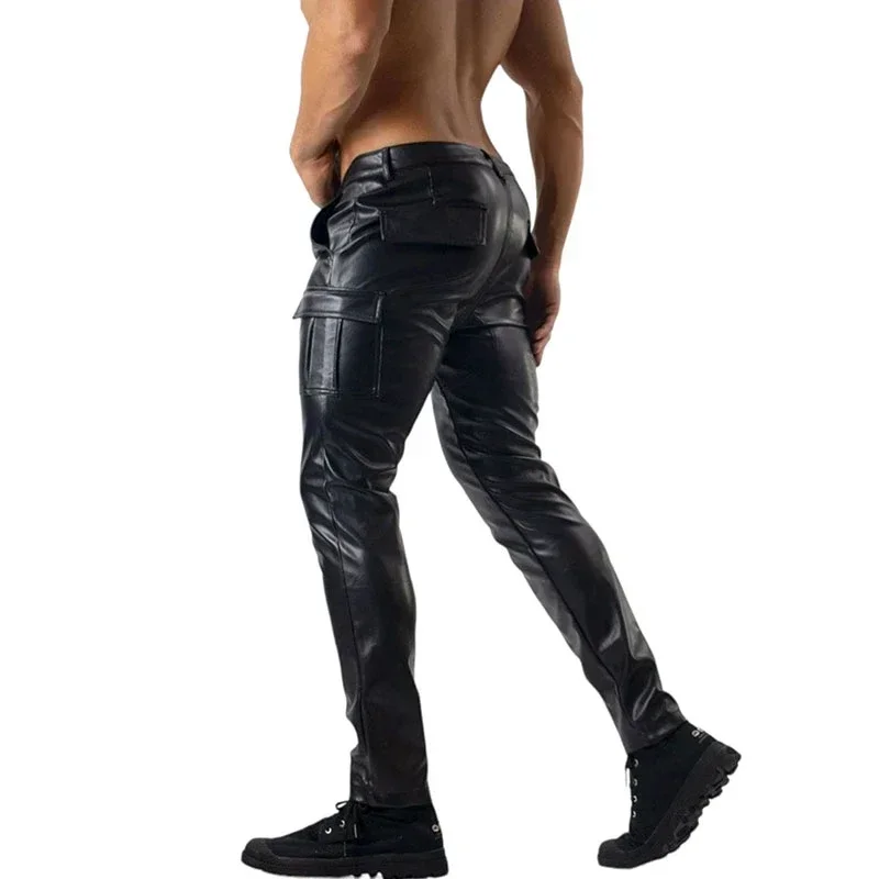 Men's Shiny Faux Leather Exotic Open Crotch Pencil Pants Man Sexy Low Waist PU Leather Trousers Gay Nightclub Stretch New Custom