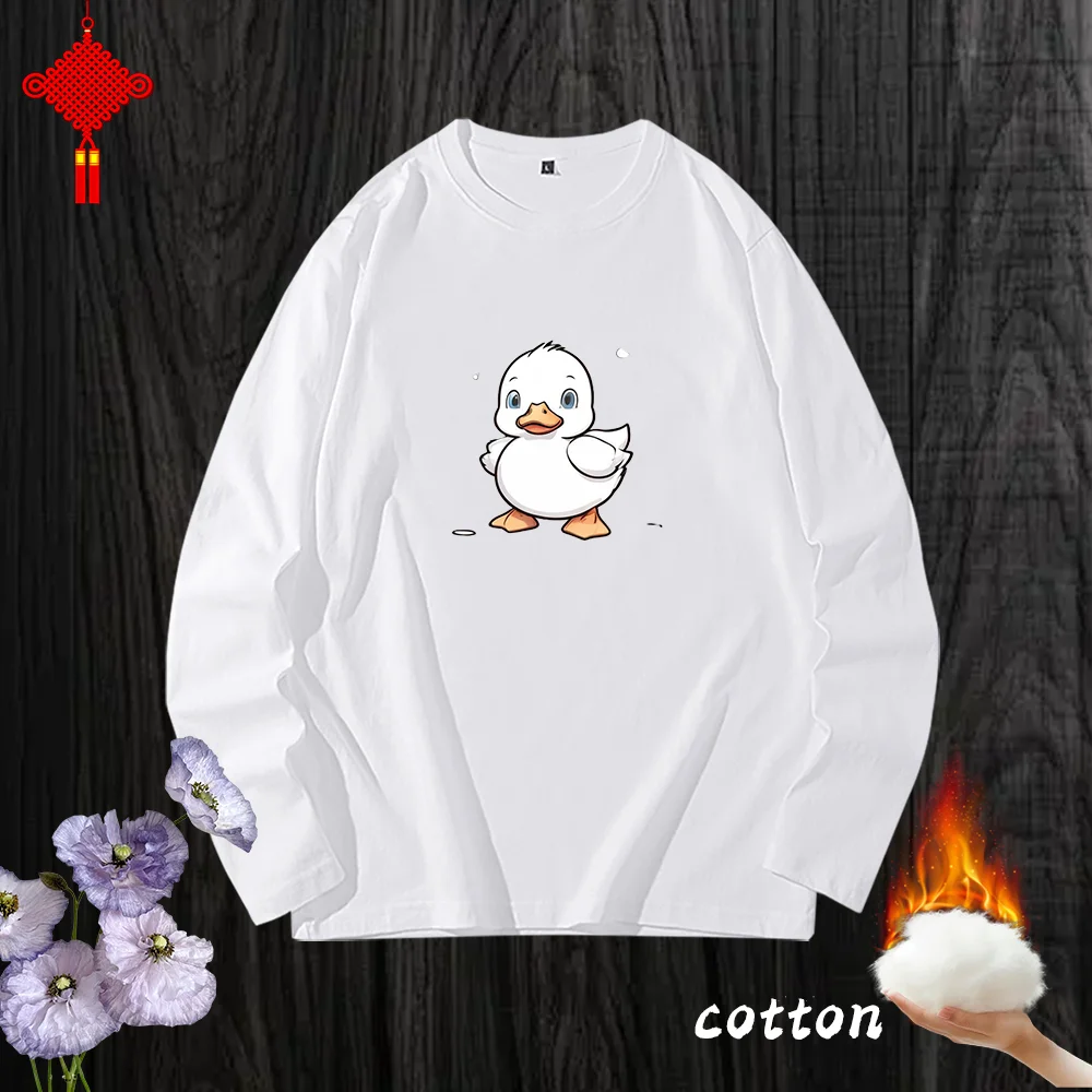 

women clothing tops graphic t shirts duck cartoon Print clothes T-Shirt pure cotton Long Sleeve fall 2024 women round neck white