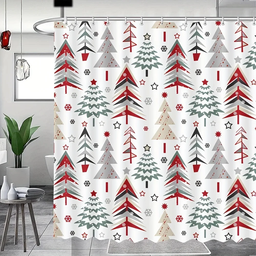 Christmas Tree Shower Curtain Waterproof Fabric Bathroom Shower Curtain With Hooks for Winter Holiday Decoration 72X72 Inch