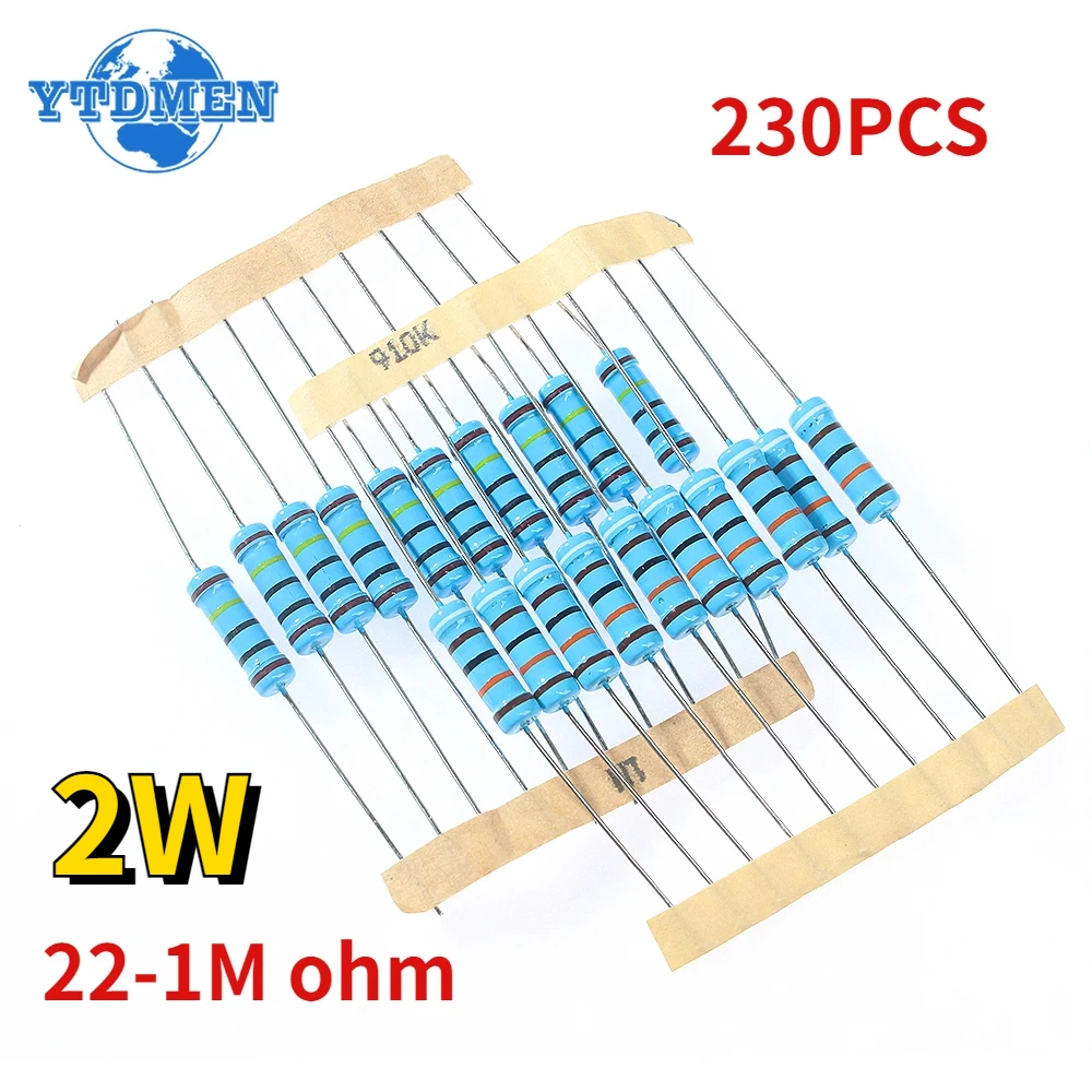 

230pcs/Set 2W Metal Film Resistors Assortment Kit (22R-1M) 23 Value Set of Resistance 1% 22R 51R 100R 1K 62K 82K 100K 120K 150K