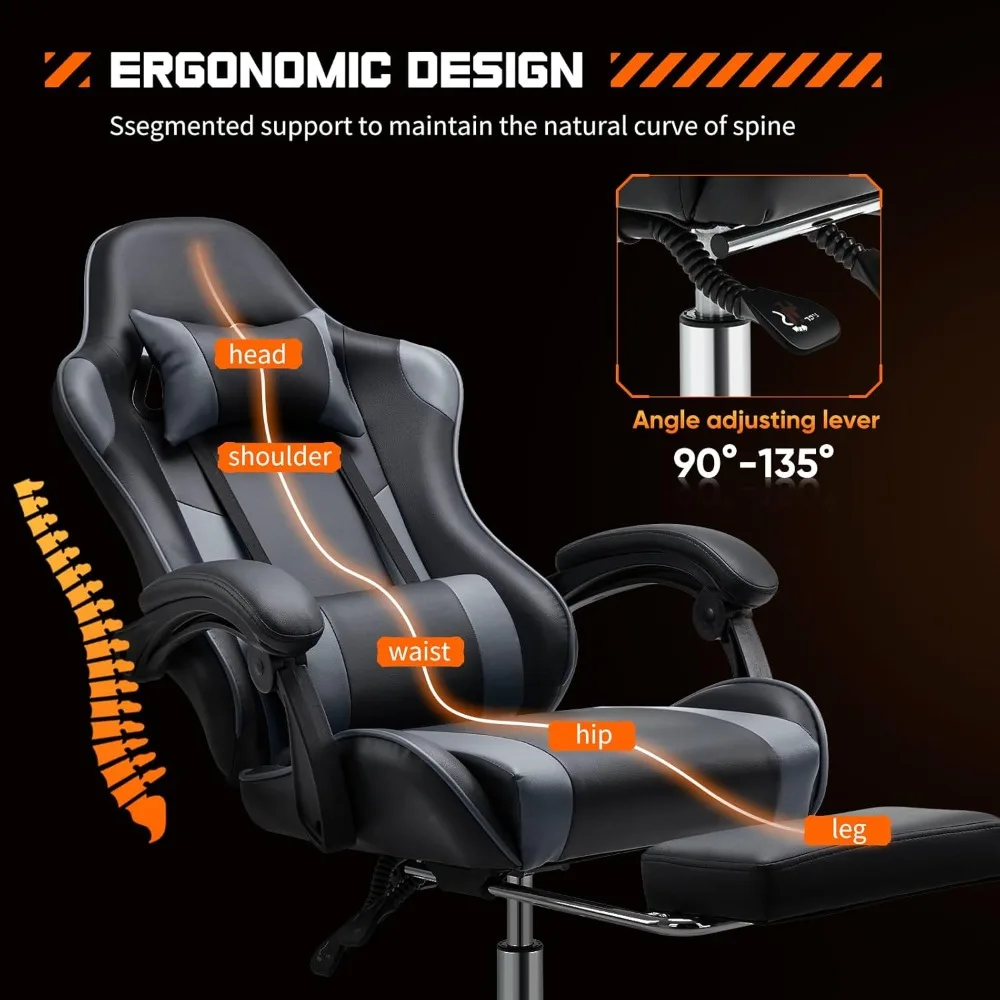 Ergonomic Gaming Office Chair with Footrest & Headrest, Adjustable Reclining Computer Desk Chair for Adults, Grey