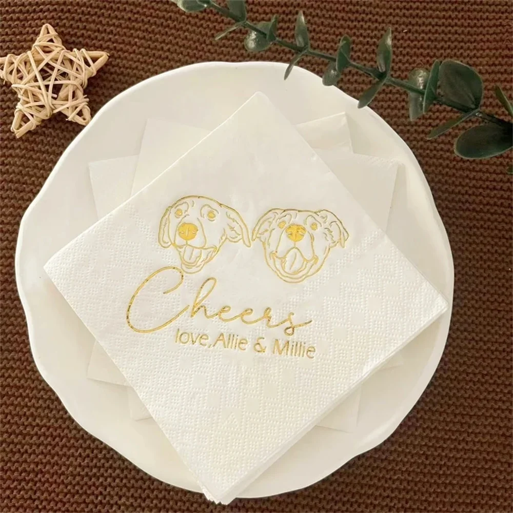 

50PCS Gold Foil Pet Cocktail Napkins Wedding Reception Custom Dog Cat Rabbit Illustration Beverage Napkins Gold Foil Personalize